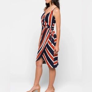 Market & Spruce Annora Navy Terracotta White Striped Faux Wrap Dress Size M NWT